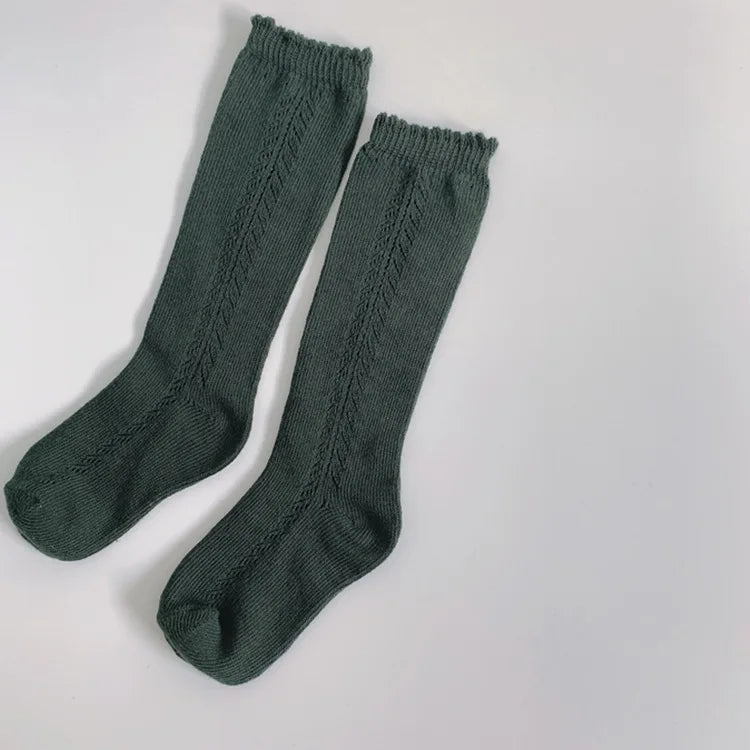 Calcetines suaves y bonitos largos para niños, calcetines suaves calados, transpirables de algodón para bebés y niñas