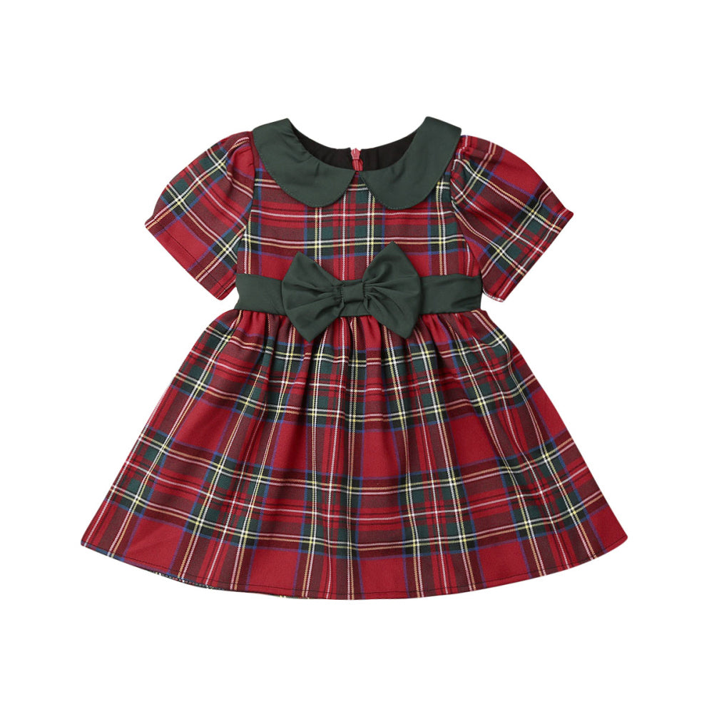 Lindo vestido navideño para niñas, vestidos de fiesta a cuadros escocés con doble lazo para niñas pequeñas, princesas, mangas cortas