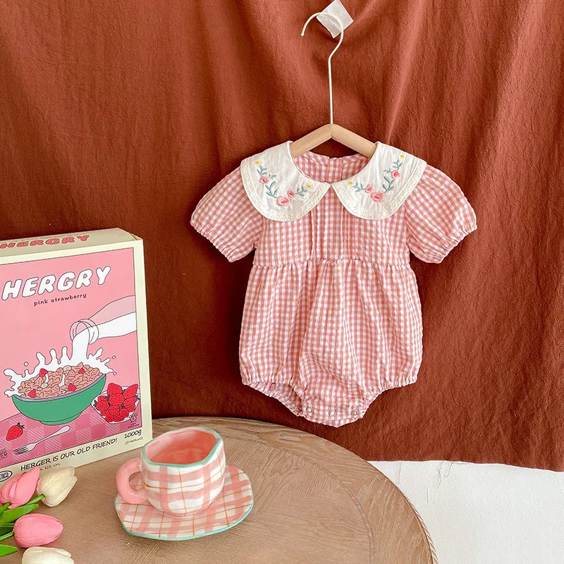 Bombacho campestre de cuadrillé con cuello bordado para niñas pequeñas, monos de princesa para niñas, monos de rejilla rosa, ropa de verano para niñas pequeñas