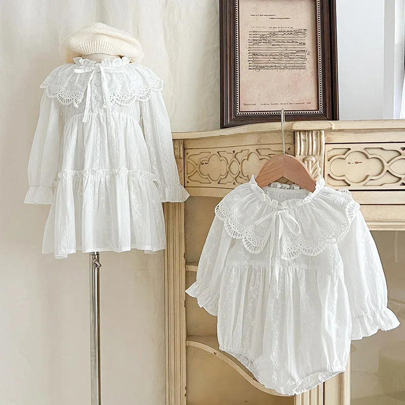 Vestido y mameluco de primavera y otoño para niñas de 3m a 6 años, con encaje bordado, Vestido de bautizo, Bombacho de bautizo para bebé niña, conjunto hermanas, vestido de princesa de manga larga