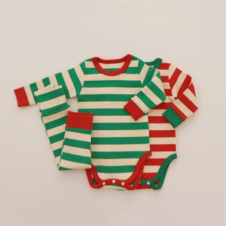 Pure Cotton Baby Pajamas Sets Red Green Striped Infant Boy Girl Pyjamas Romper Pants 2pcs Sets Long Johns For Christmas New Year