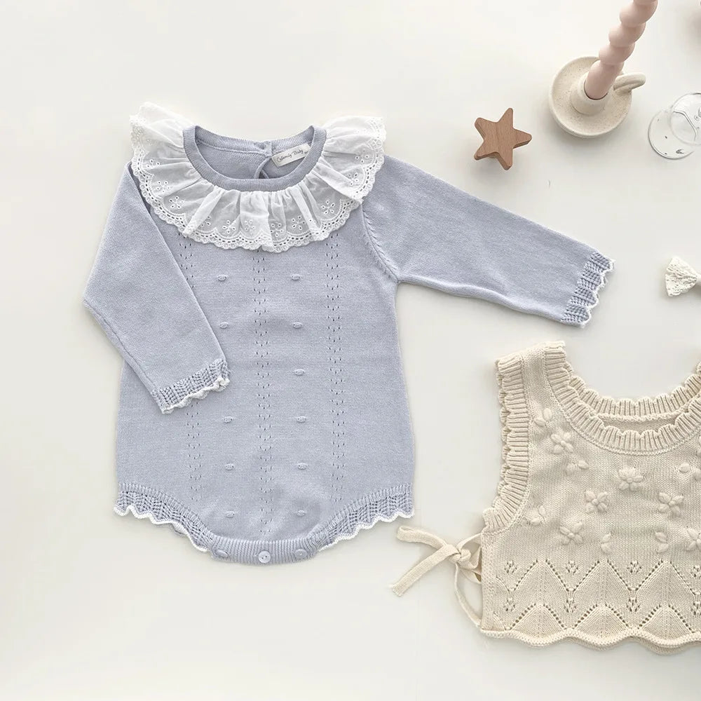 New Lace Baby Knitted Romper Autumn Girl Overall Baby Girls Romper Ruffle Long Sleeve Newborn Baby Clothes Infant Baby Jumpsuits