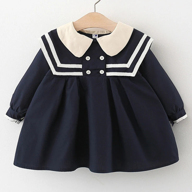 Hermoso vestido clásico de primavera y otoño para bebé y niñas pequeñas, ropa moda española con cuello tipo marinero, vestido de algodón de manga larga para bebé niña