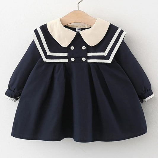 Hermoso vestido clásico de primavera y otoño para bebé y niñas pequeñas, ropa moda española con cuello tipo marinero, vestido de algodón de manga larga para bebé niña