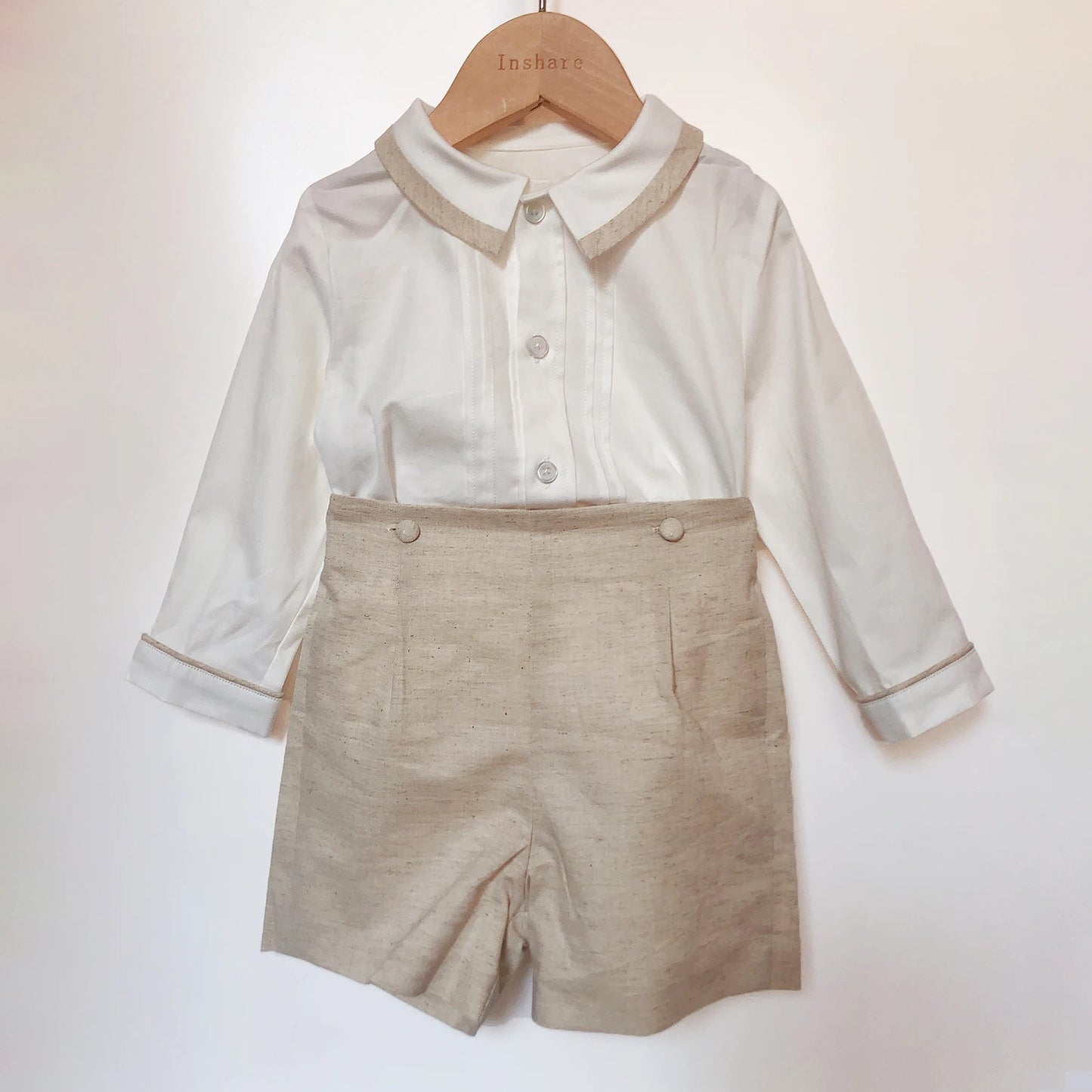 Conjunto de 2 piezas de ropa de boutique para niños, traje español de algodón y lino color caqui de manga larga, traje de bautizo y pajecito para niño