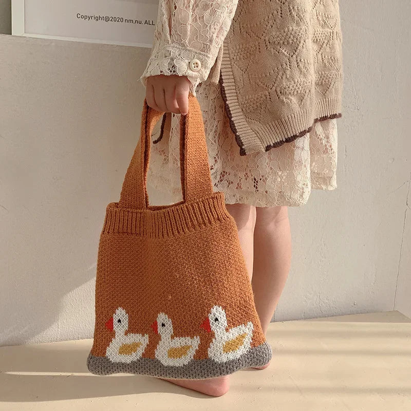 Bolsos de mano o cartera, tejido para niñas, con dibujos de patos, para otoño e invierno