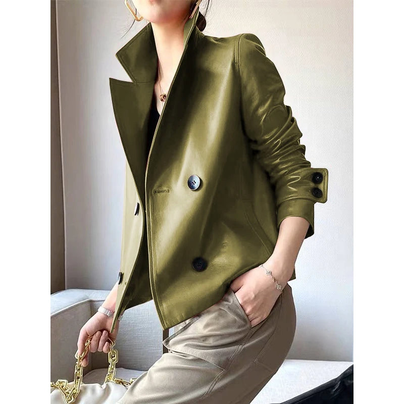 Modigirl Autumn Winter Green Faux Læder Jakker Kvinder 2024 Ny Langærmet Outwear Kort PU Læder Frakker Kvinde Outwear
