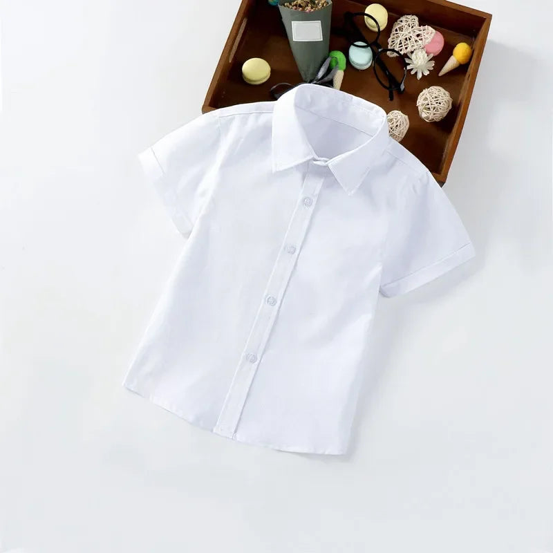 Camisa de algodón para niños y adolescentes, uniforme escolar de verano, camisas blanca y celeste de manga corta, presentaciones de músico