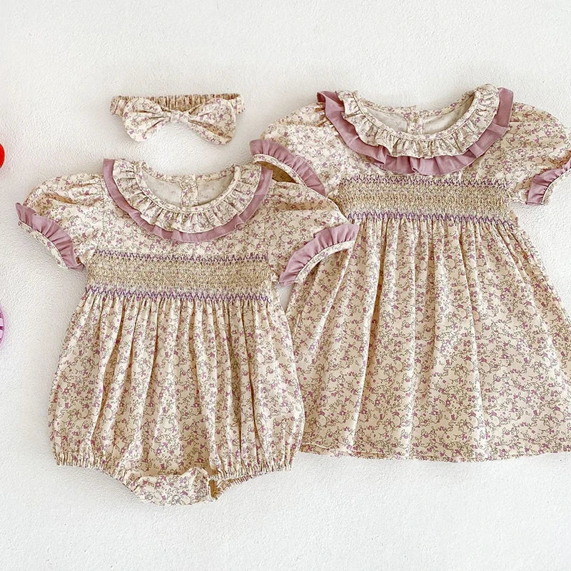 Nueva ropa de verano para niña, vestido de manga corta con encaje y flores para niña, pelele de algodón para bebé, vestido de princesa, traje de hermana a juego para familia