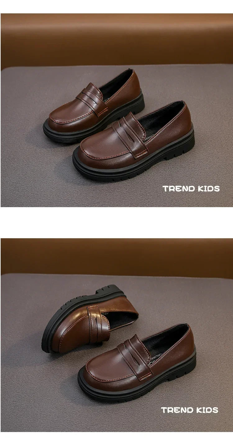 New 2024 Spring Autumn PU Leather Shoes Boys Girls Britain Style Black Brown Performance Shoes Children Slip-on Casual Loafers