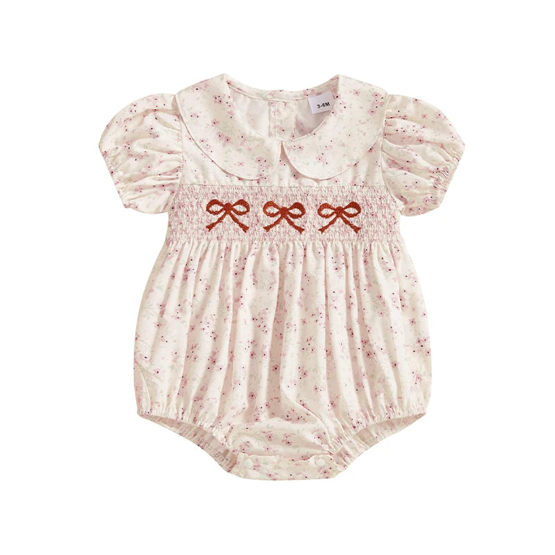 Peleles bordados con lazo para niñas de 0 a 18M, monos de burbujas de manga corta con cuello de muñeca con estampado Floral encantador para recién nacidos