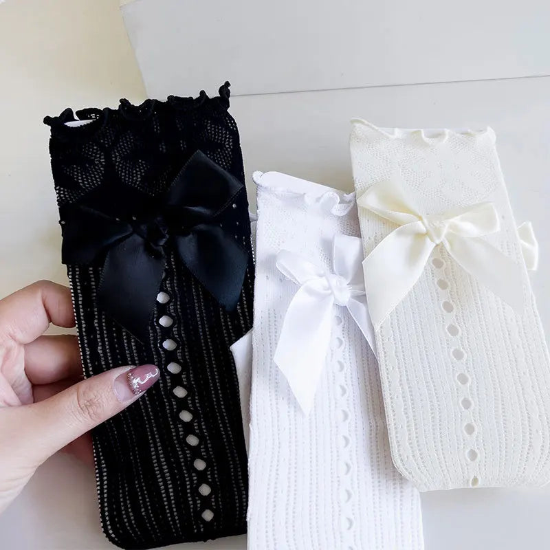 Calcetines largos hasta la rodilla para niña, calcetín fino de Lolita con lazo, uniforme escolar de princesa, para primavera y verano