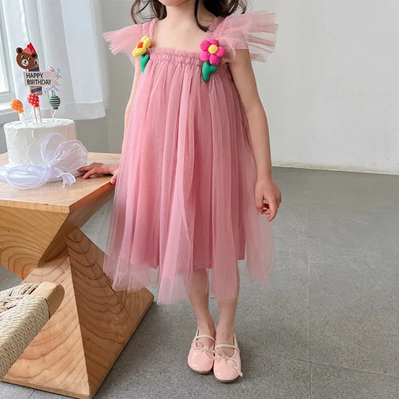 New Summer Girls Sweet Princess Dress T Sweet Princess Dress Pompous Dress Solid Color Flower Decoration(Girls 0-3 Years Old)