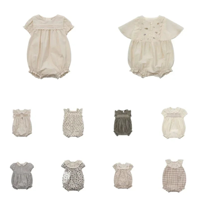 Bombachos de verano para bebé, bordado, cuellos con encaje o broderie. Estampados delicadas flores. Monos de algodón estilo Pastoral para bebé