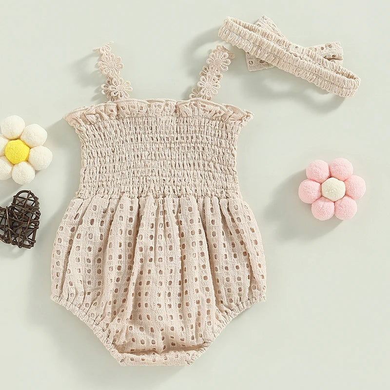 Newborn Infant Baby Girls Summer Clothing Set Sleeveless Strap Pleated Hollowed Solid Romper Jumpsuit with Bow Headband Outfit