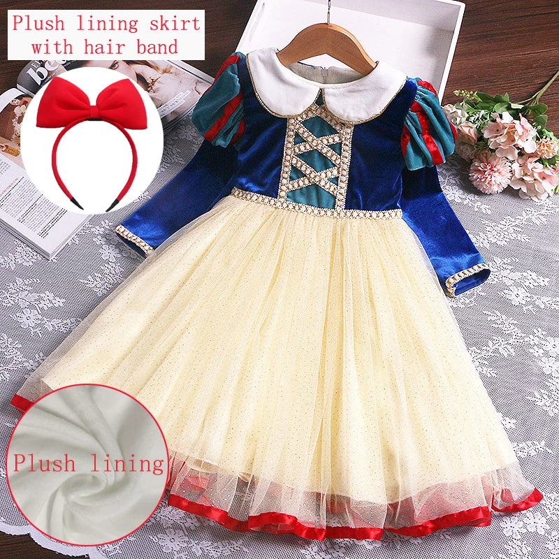 Hermoso vestido de Blancanieves, de manga larga hecho de terciopelo, tul y lentejuelas, disfraz de Disney para niñas, para fiesta de cumpleaños y Halloween para niña
