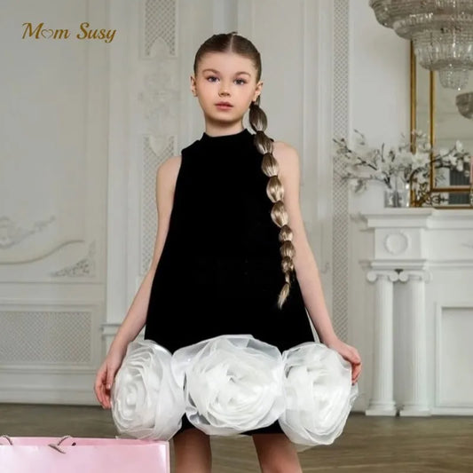 Impactante vestido vintage con folores 3D en tul para fiestas para bebé, niña y adolescente, vestido para desfiles, cumpleaños, ropa para niñas de 1 a 12 años