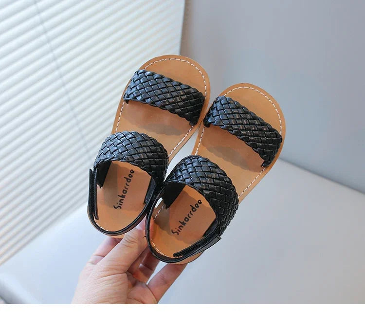 Kids Sandals for Girls 2024 Summer Girls Weave Design Sandals Children Beach Shoes Open Toes Flat Anti-skid Rubber Ankle Strap