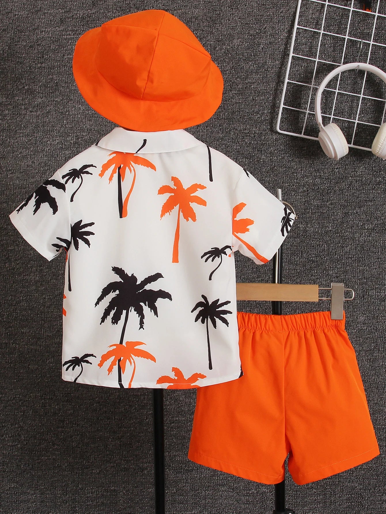 Camisa de manga corta con estampado de palmera, para vacaciones, conjunto de verano de tres piezas para niños y niñas