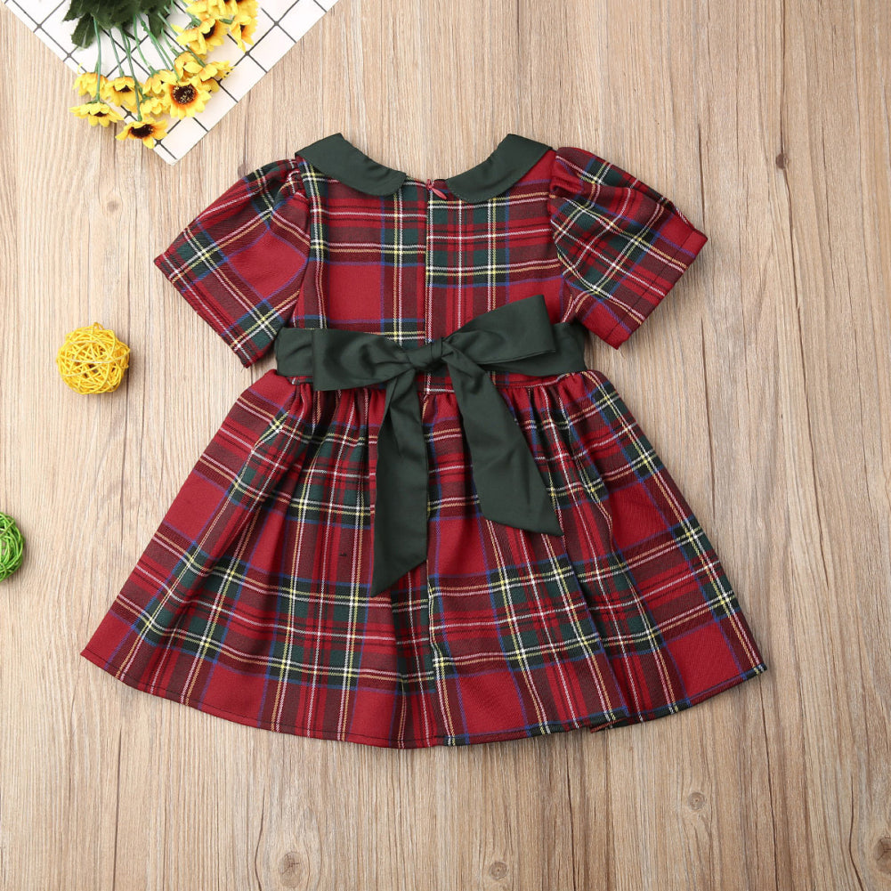 Lindo vestido navideño para niñas, vestidos de fiesta a cuadros escocés con doble lazo para niñas pequeñas, princesas, mangas cortas