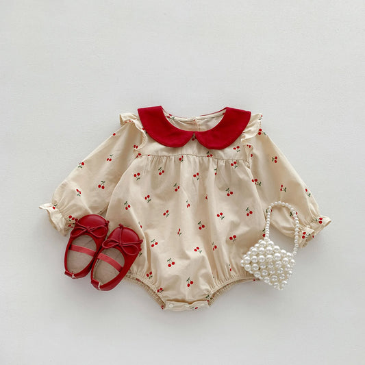 Precioso bombacho Vintage para bebé niña, enterito con cuello Peter Pan y estampado de cerezas para niñas pequeñas, Outfit de otoño invierno y de primavera verano para niñas