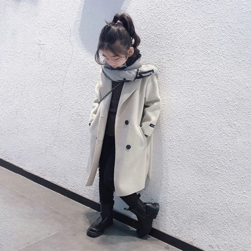 Girls Woolen Overcoat Jacket Autumn Winter New Solid Color Thick Warm Flip Collar Fashion Windbreak For 4-14Y Teen Kids Ooutwear