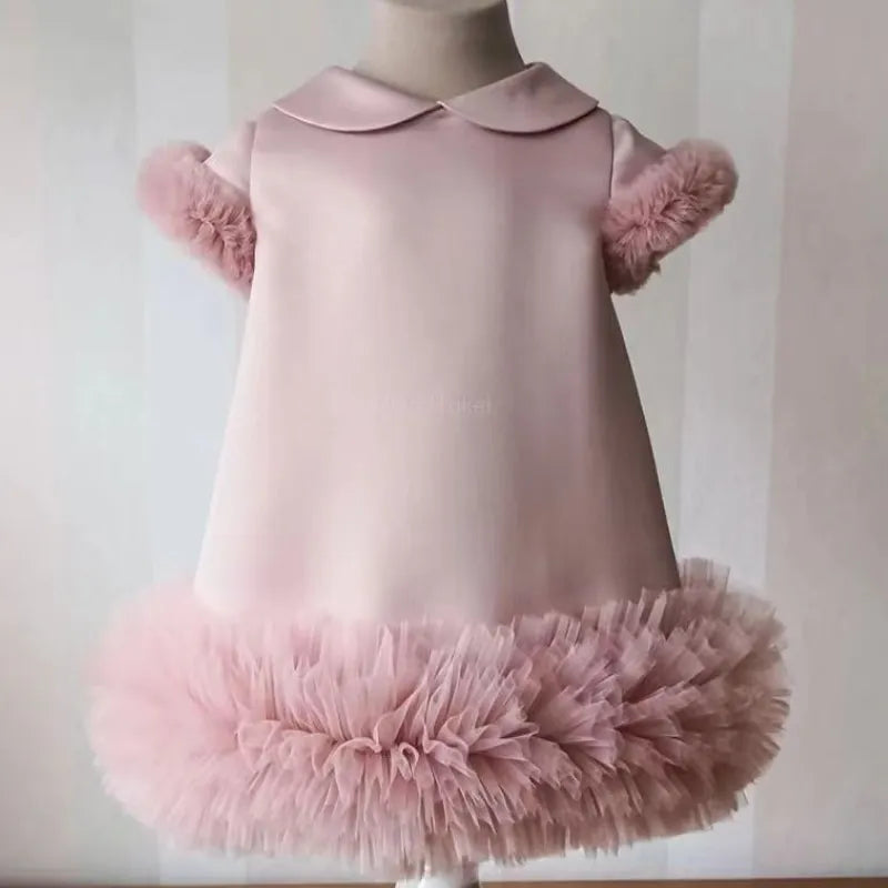 Vestido de gasa de seda de princesa para bebé niña y adolescente, Vestido de fiesta para niña, con cuello Peter Pan y manga corta