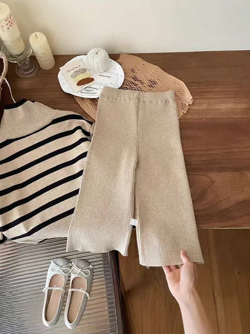 Conjunto de suéter de cuello alto y pantalón para niña, otoño invierno, suéter de punto y pantalones de pierna ancha