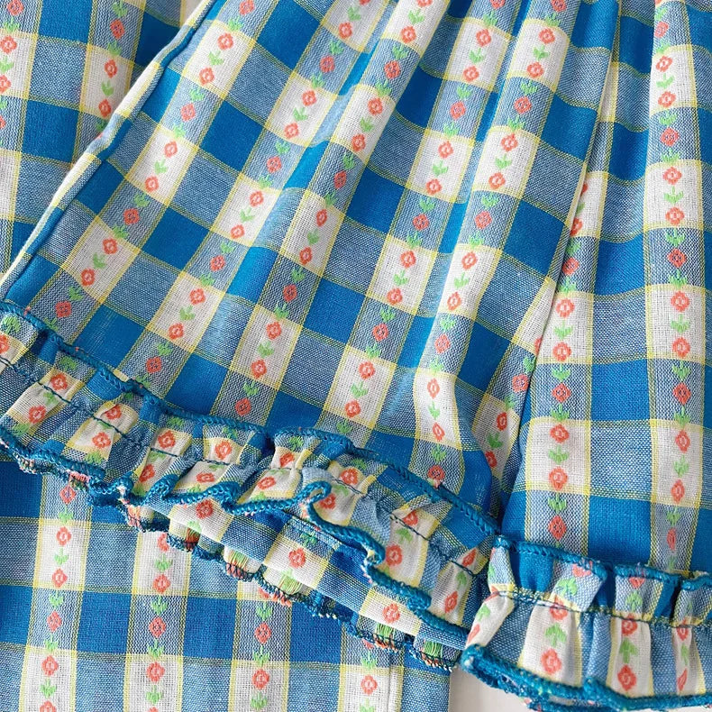 Conjuntos de ropa para niñas, camiseta sin mangas con estampado floral a cuadros azules + pantalones de pierna ancha + pantalones cortos, conjuntos de 3 piezas, ropa para niñas