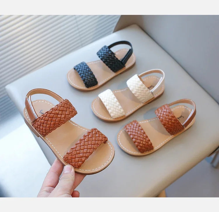 Kids Sandals for Girls 2024 Summer Girls Weave Design Sandals Children Beach Shoes Open Toes Flat Anti-skid Rubber Ankle Strap