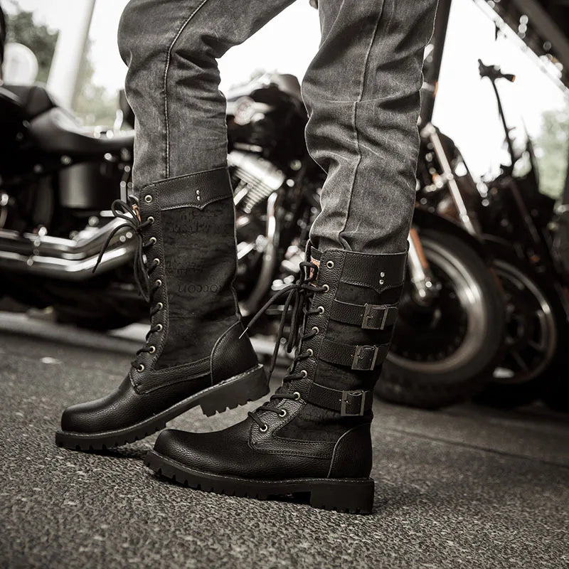 Botas de vaquero para hombre, botas de caña alta con elevación interior, botas altas transpirables, talla grande, botas de motocicleta