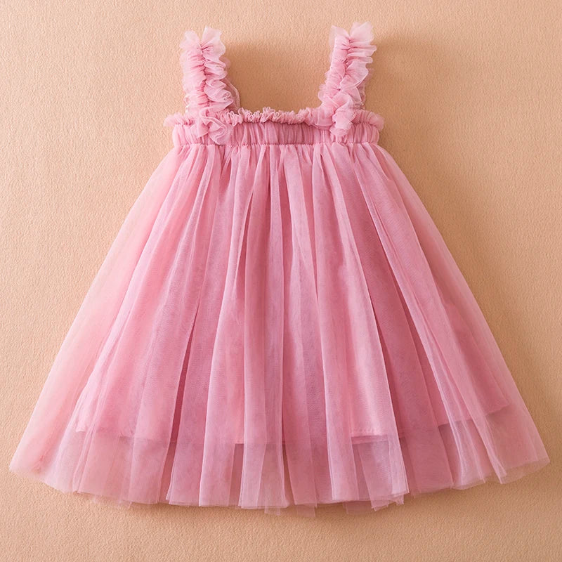 Summer New Girls' Little Flying Sleeve Dress Children's Bow Strawberry Embroidery Mesh Princess Dress Baby Girl Dress for 1-5Yrs