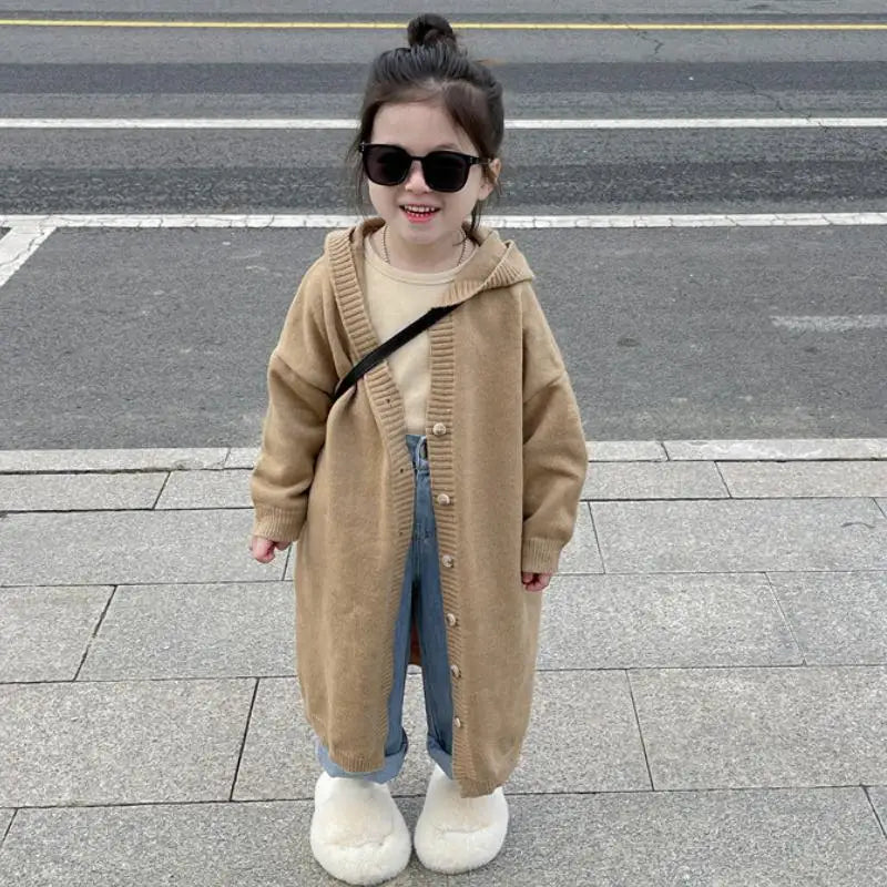 Chaleco largo de punto con capucha de manga larga para niña, para el otoño