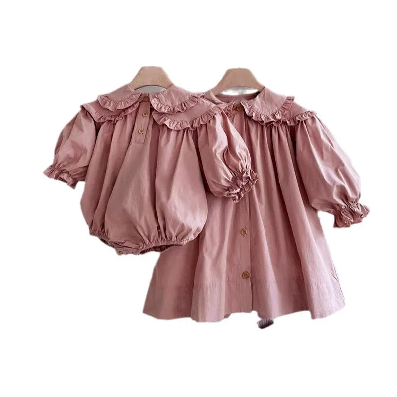 Lindo vestido estilo coreano de primavera y otoño para niña, vestido holgado con mangas abullonadas y cuello Peter Pan con volantes para bebé y niña
