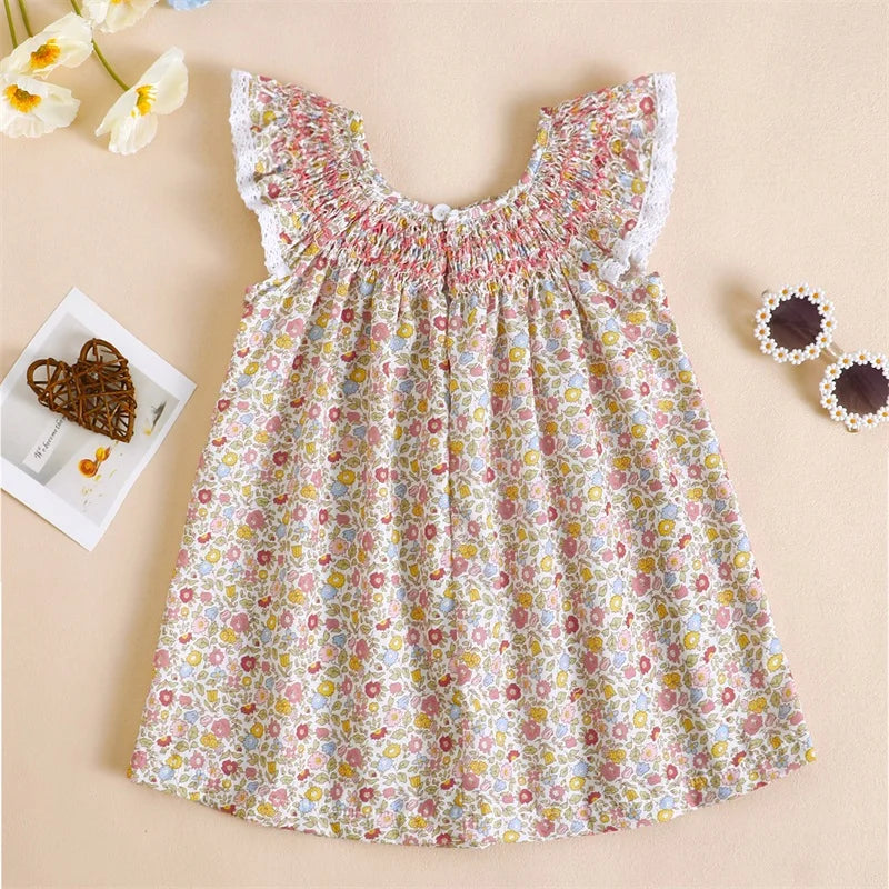 Småbørn Baby Pige Sommer Outfit Blomster Flæse Kjole Ærmeløse Kjoler Tunika Kjole Piger Solkjole Casual Kjole