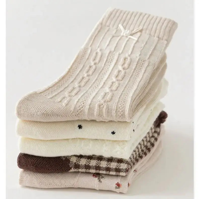 Calcetines de primavera para niñas Calcetines retro con volantes de color Maillard Calcetines de pantorrilla para niños Calcetines de algodón 5 pares