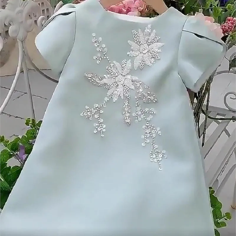 Vestido de seda de princesa para niña, ropa de bebé de 1 a 14 años, con encaje de flores y perlas, Vestido de fiesta para niña y chica adolescente, desfile, cumpleaños