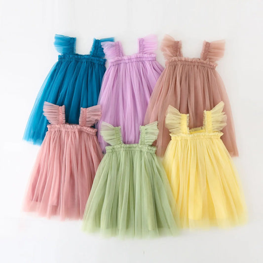 Summer New Baby Girl Clothes Solid Color High Quality Flying Sleeves Mesh Slings Baby Dresses Cute Princess Ball Gown Skirt