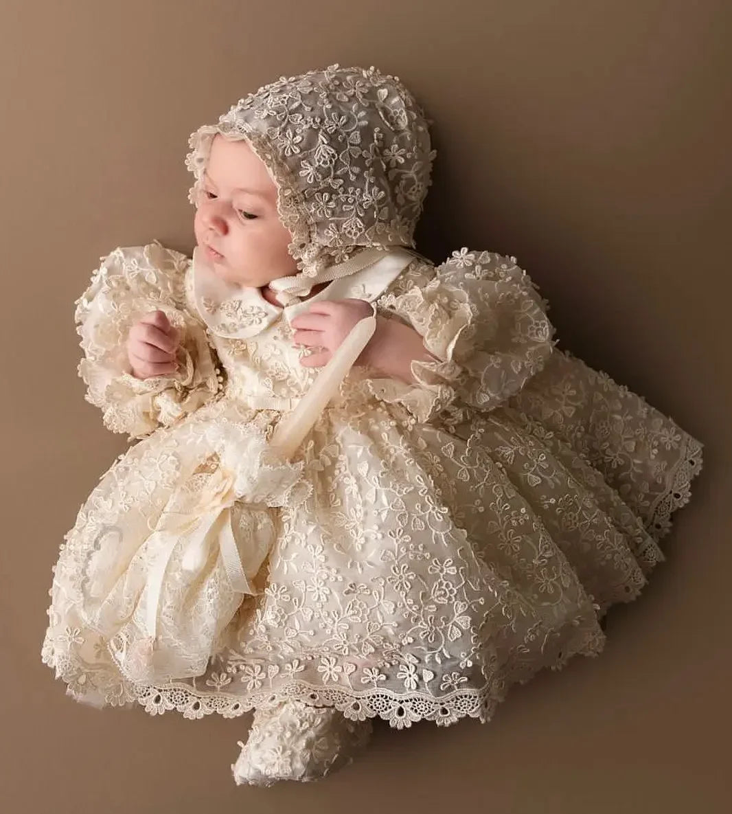 Vestido de bautizo para bebé, con encaje y apliques, mangas largas, estilo Coquette, Bridgerton