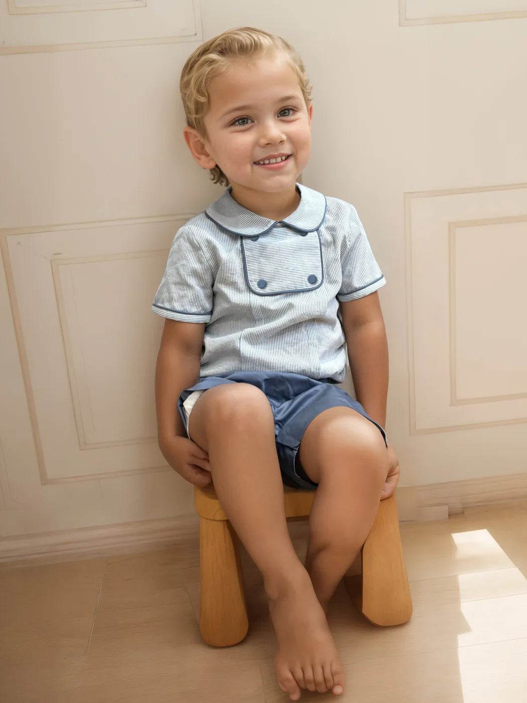 Precioso conjunto de dos piezas de verano para bebés niños, camisa con cuello vuelto con ribetes, tela a rayas, pantalones cortos para niños pequeños, algodón de alta calidad