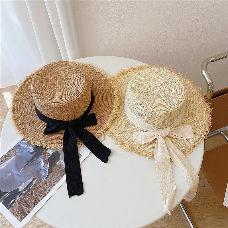 Beach HatJapanese Everything Hairy Edge Straw Hat Female Summer Flat Top Outing Sun Hat Small Fresh Bow Sun Shade Beach Hat