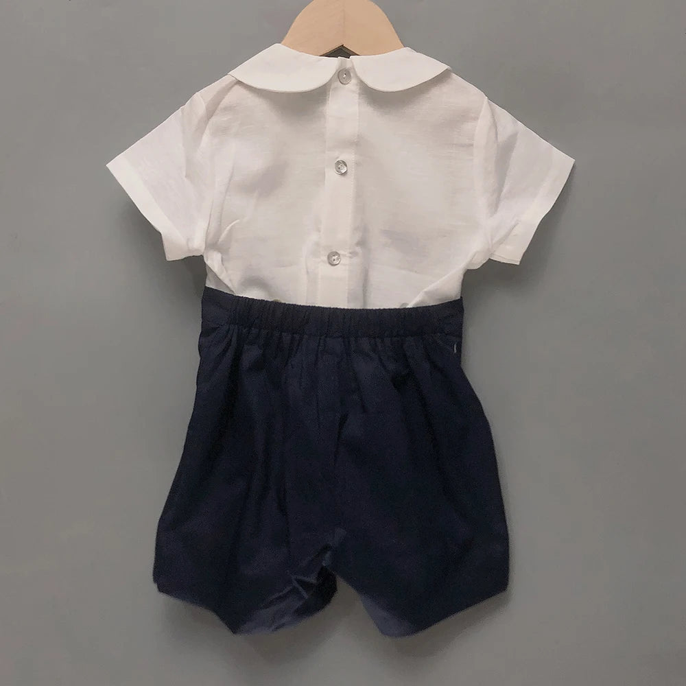 Conjunto de 2 piezas de ropa de boutique para niño, conjunto de moda española de algodón y lino, traje de verano de manga corta, traje de bebé para fiesta
