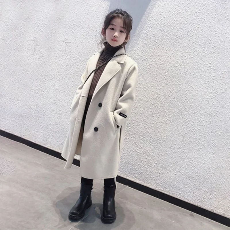 Girls Woolen Overcoat Jacket Autumn Winter New Solid Color Thick Warm Flip Collar Fashion Windbreak For 4-14Y Teen Kids Ooutwear