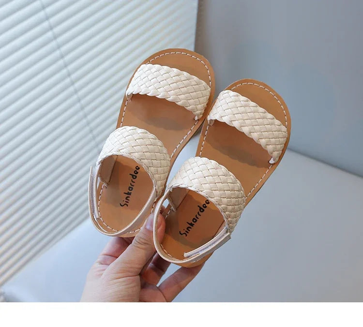 Kids Sandals for Girls 2024 Summer Girls Weave Design Sandals Children Beach Shoes Open Toes Flat Anti-skid Rubber Ankle Strap