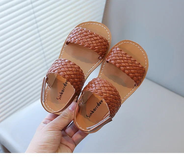 Kids Sandals for Girls 2024 Summer Girls Weave Design Sandals Children Beach Shoes Open Toes Flat Anti-skid Rubber Ankle Strap