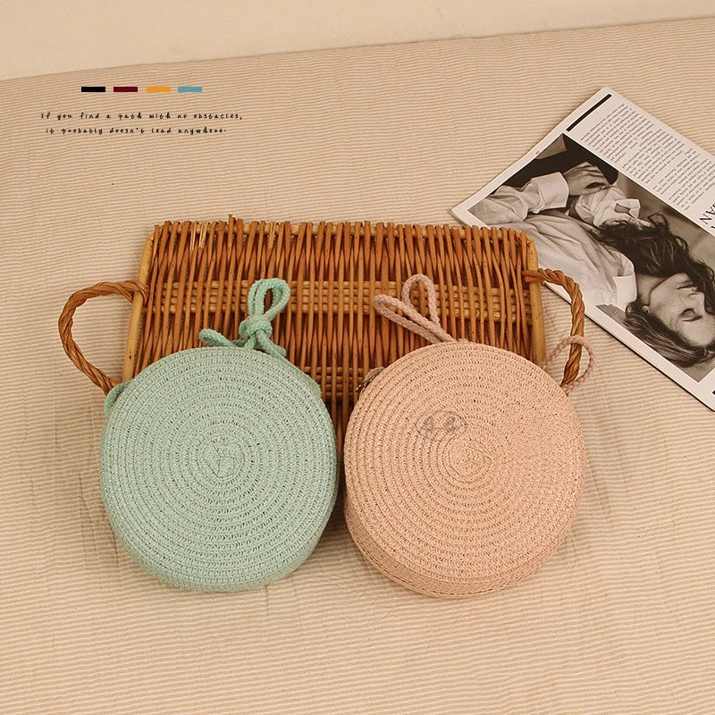 Round Straw Bag Women Woven Beach Crossbody Bag for Ladies Cute Shoulder Rattan Handmade Knitted Candy Color Small Handbag