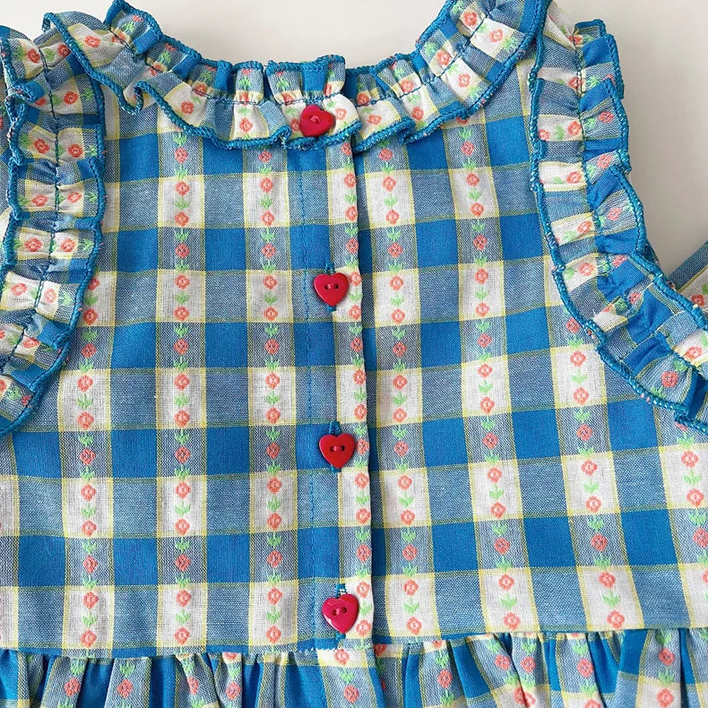 Conjuntos de ropa para niñas, camiseta sin mangas con estampado floral a cuadros azules + pantalones de pierna ancha + pantalones cortos, conjuntos de 3 piezas, ropa para niñas