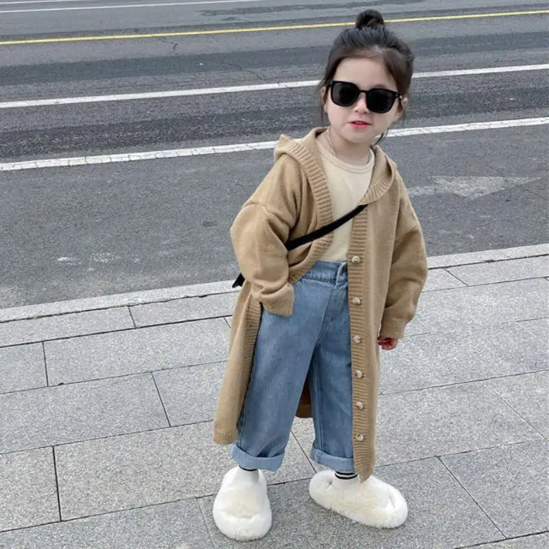 Chaleco largo de punto con capucha de manga larga para niña, para el otoño