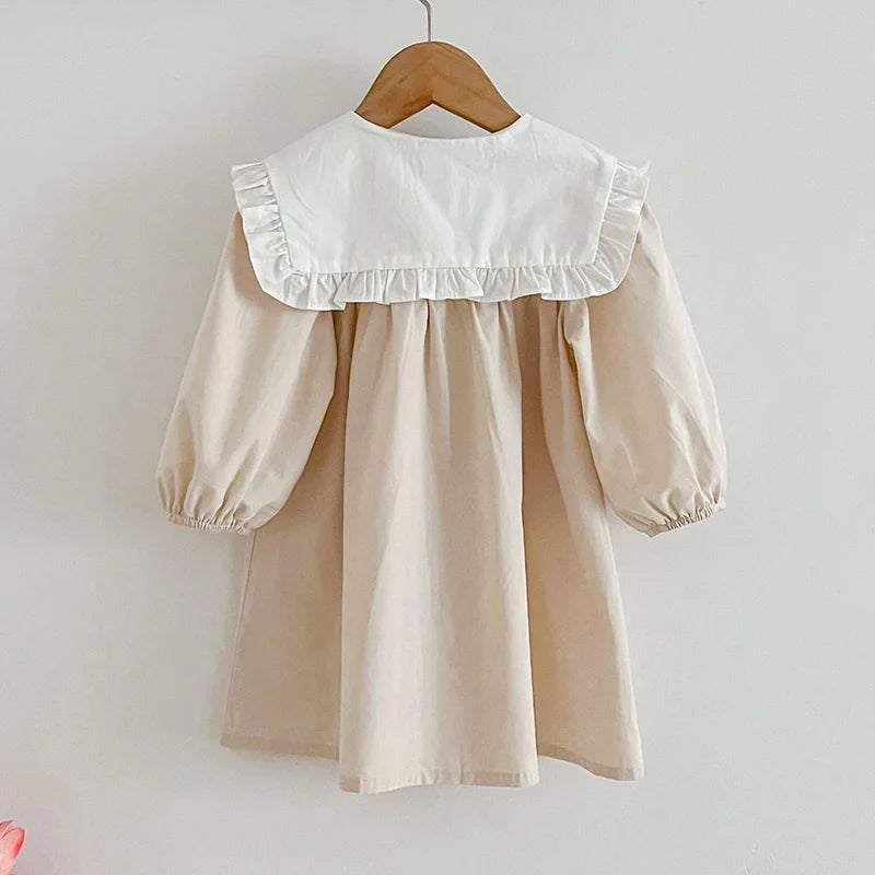 Vestido de hermoso colorido champagne con cuello blanco de muñeca,  manga larga para niñas, para primavera y otoño,