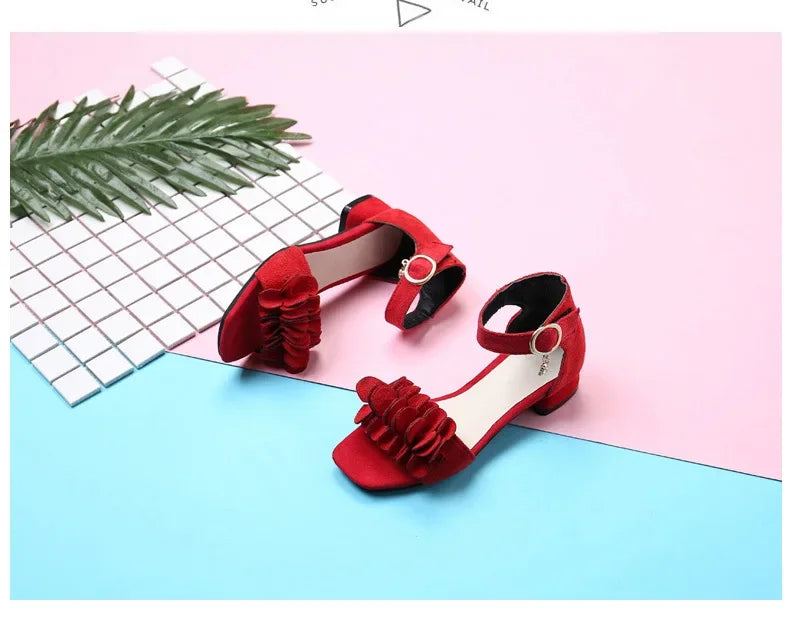 Zapatos de princesa para niñas, para bodas, fiestas, verano, elegantes, informales, con flores, sandalias de moda con punta abierta y tacones bajos para niñas, sandalias de vestir